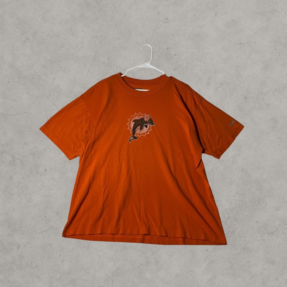 Vintage Reebok Miami Dolphins NFL T-Shirt Orange Short Sleeve Graphic Tee Mens L